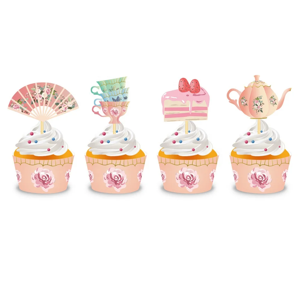 WB043 24 шт. украшения для чайной вечеринки, топперы для кексов, детский Топпер для торта на день рождения, бумажные обертки для кексов