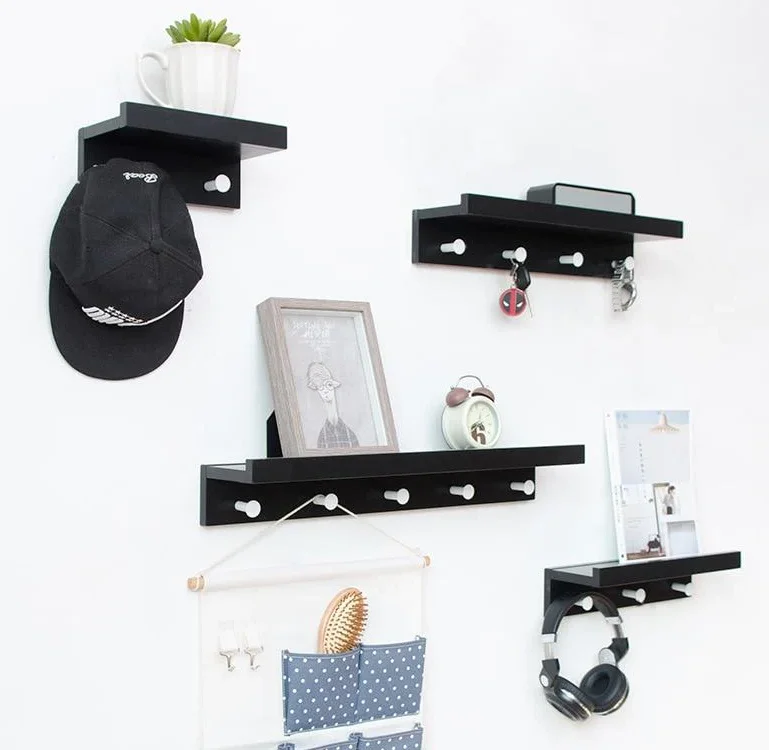 Hot sale home entray solid wood cloth wall shelf with hooks