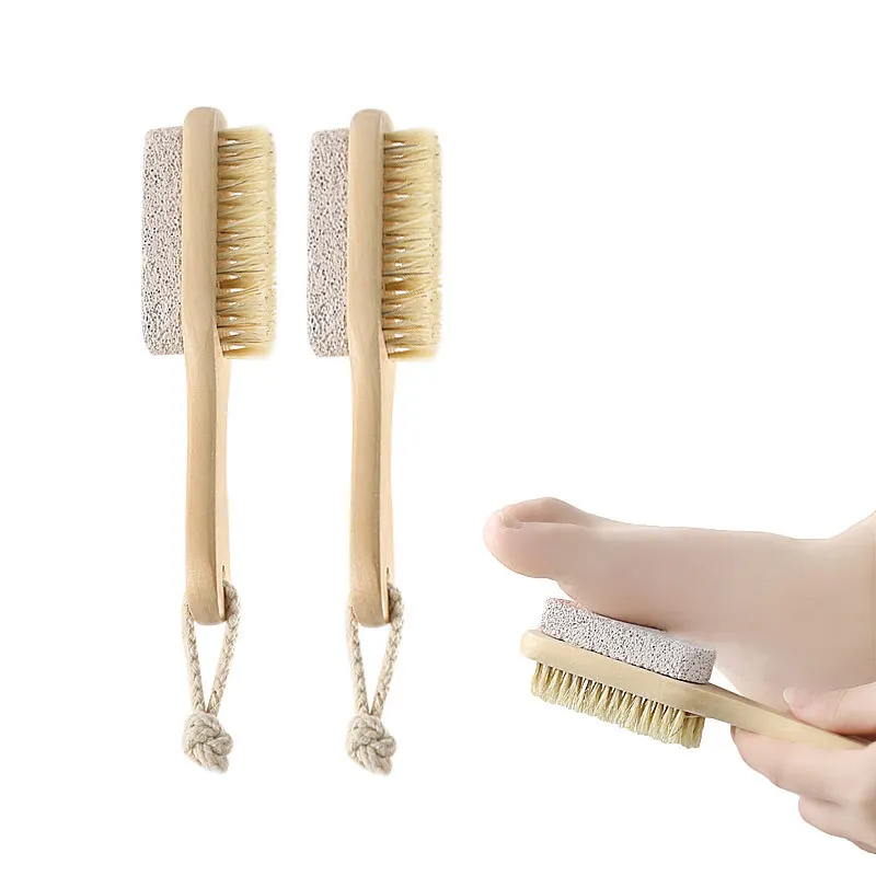 Factory Direct  Eco-friendly Natural Double side wood  Foot  pumice stone brush with boar bristle