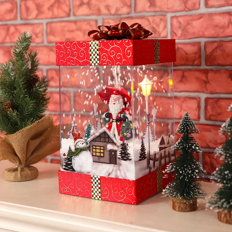 
New Design Christmas Party Decoration hamper Xmas gift box light with Falling Snow and Musical function 