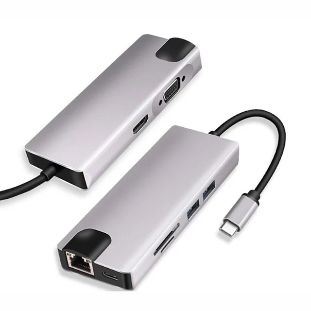 Multi-functional 8 in 1 USB Type c HUB docking station to RJ45 Ethernet HDMI VGA USB3.0 and PD Charging with SD TF card reader