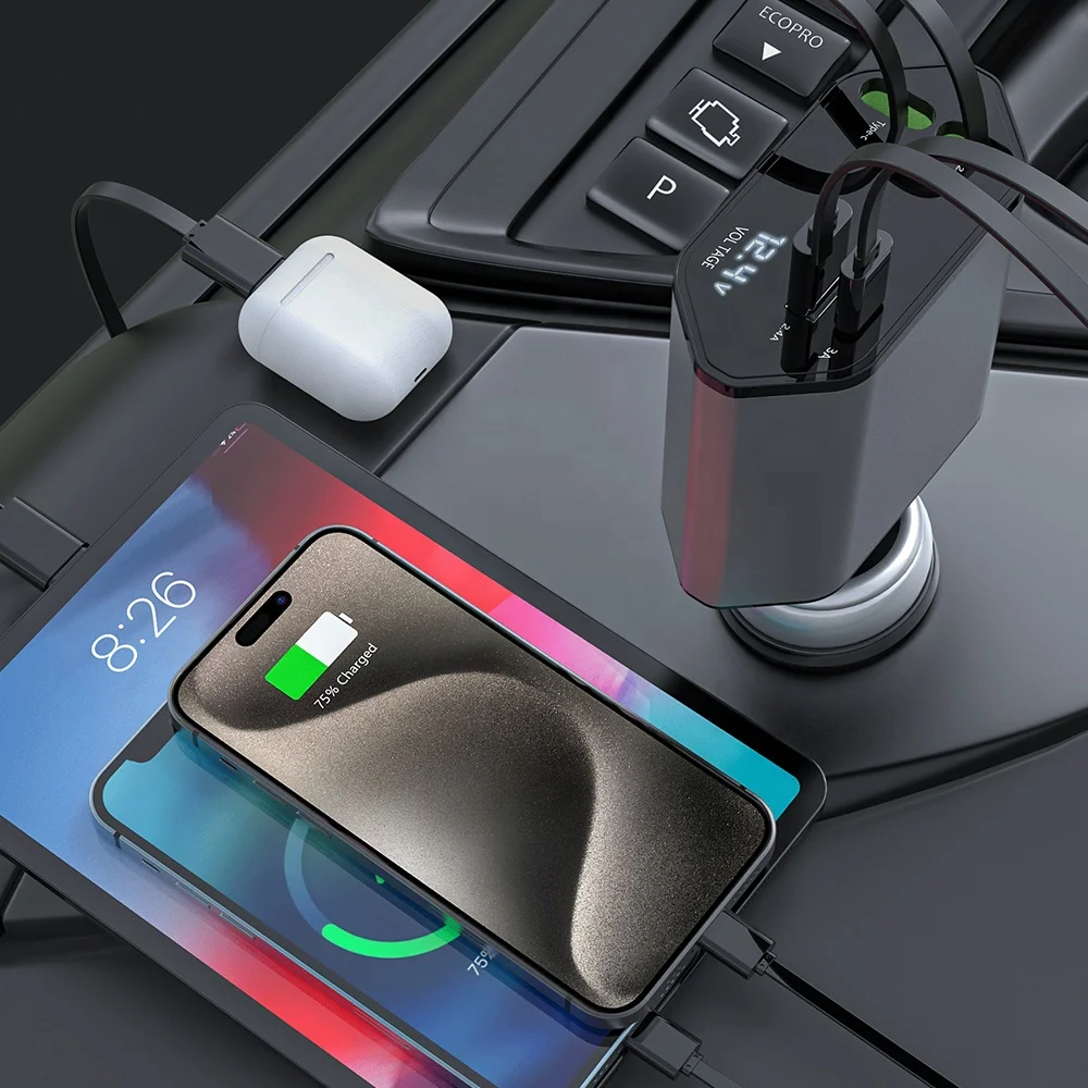 2024 Best Hot Selling Car Charger Fast 4 in 1 Digital Display Chargers 120W type C charging USB for Mobile Phone