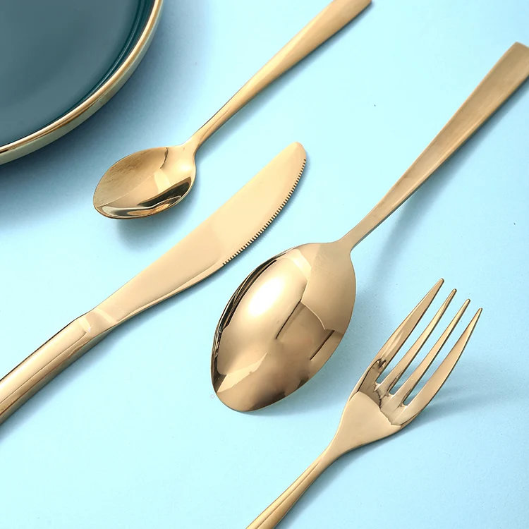 Custom stainless steel spoon set gold silverware talher cubiertos dorados spoon and fork luxury golden cutlery flatware sets