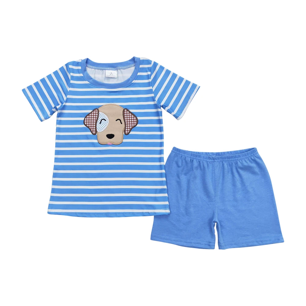 Summer Baby Boys Wholesale High Quality Clothing  Embroidery Cute Dog Blue Striped Short Sleeve T-shirt Top Shorts Outfit