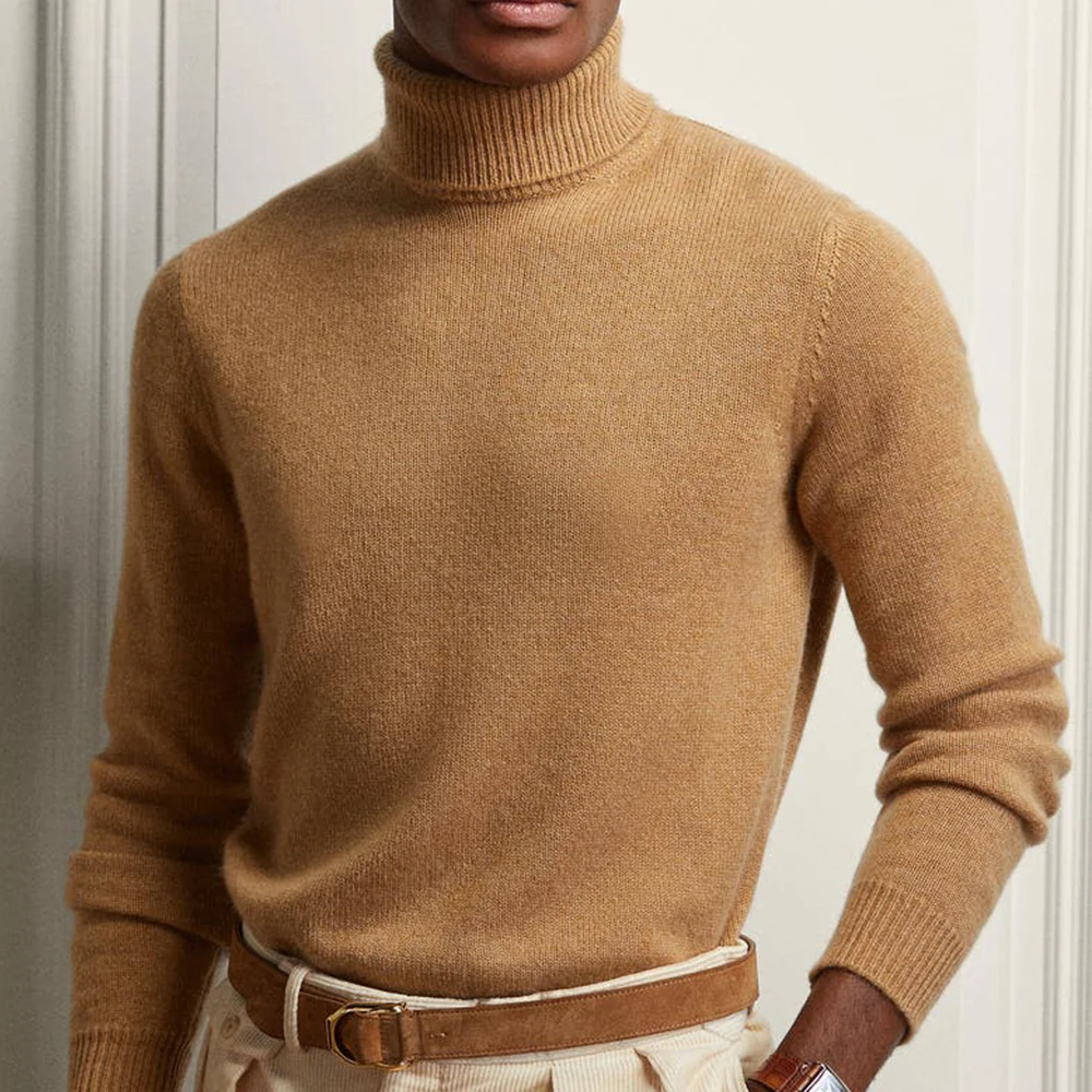 Custom LOGO OEM & ODM   Mens Cashmere Sweater Long Sleeves Cashmere Pullover Brown Turtleneck Men Jumper