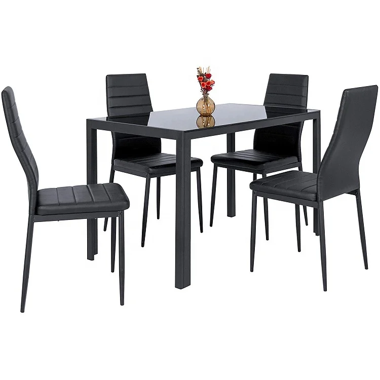 5 Piece Kitchen Dining Table Set Glass Top and 4 Leather Chairs Dinette Black Dining table set
