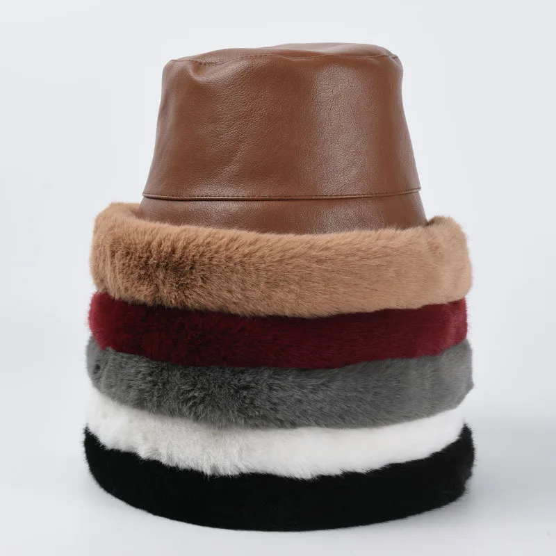 Ladies Foldable Faux Fur Hat Plush Edge PU Leather Cap Thickened Windproof Bucket Hats Adjustable Women Fisherman Caps Headgear