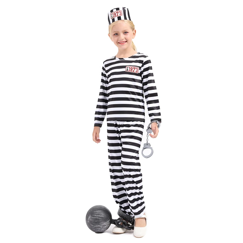 Carnival role play prisoner black and white costume convicts or inmates uniform for kids