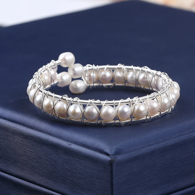 silver plated copper freshwater pearl beads adjustable bracelet