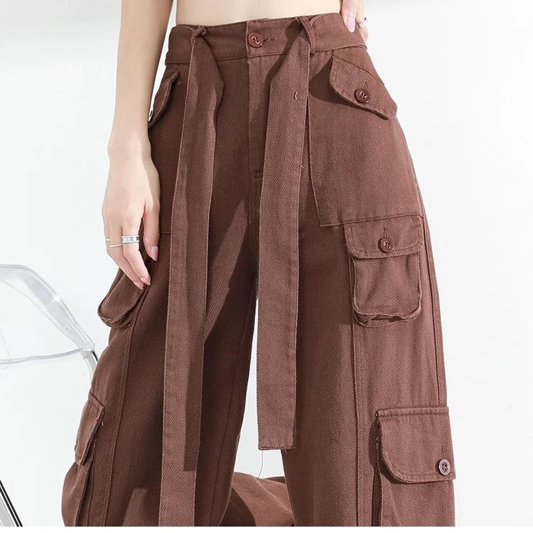 Women Brown Vintage Cargo Pants Baggy Jeans Women High Waist Fashion 90s  Cool Girl Slim Multiple Pockets Design Cargo Pants