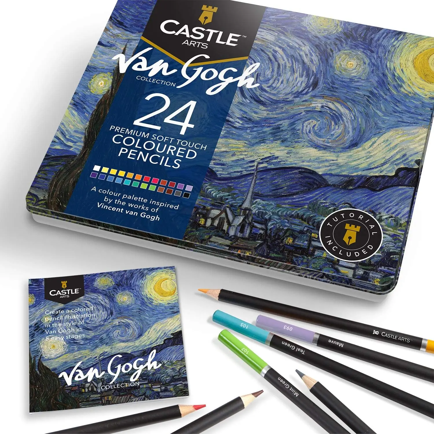Castle Art Supplies 24 Coloring Pencils in sturdy portable Tin Box with soft core, rich pigments & vibrant colors