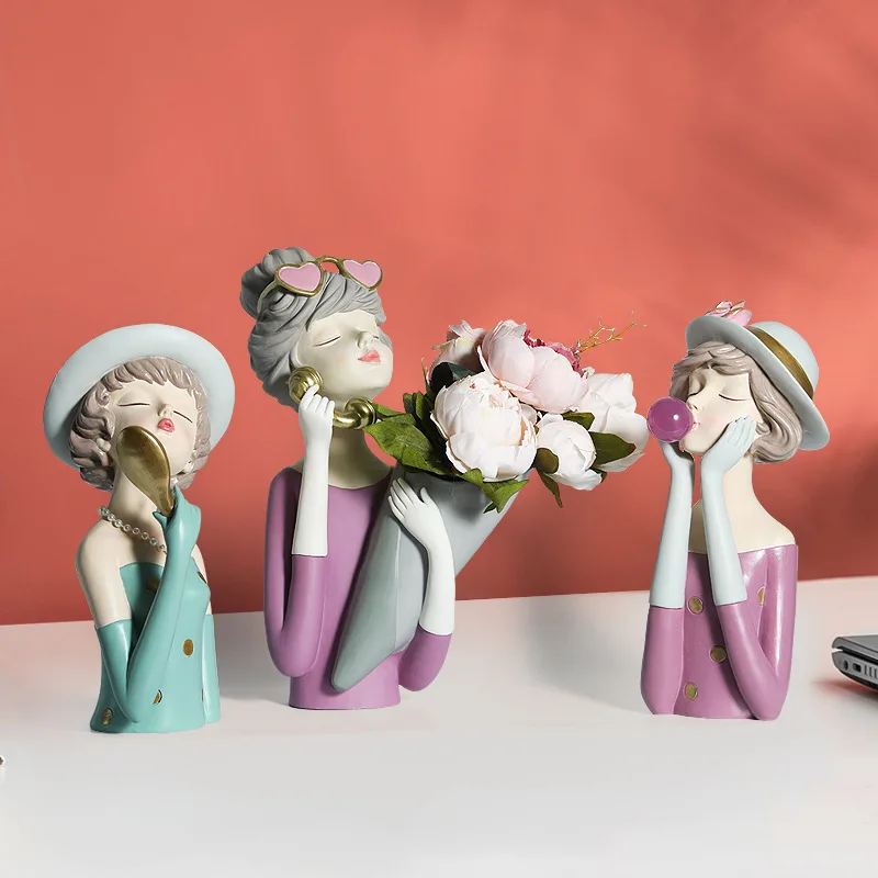 Creative Nordic style lovely girl statue vase resin Christmas home