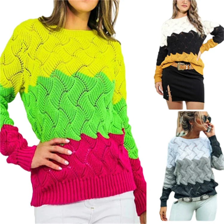 2021 Rainbow fashion casual Turtleneck short korean style shrugs long sleeve pullover Loose Color block knit Plus Size Sweaters