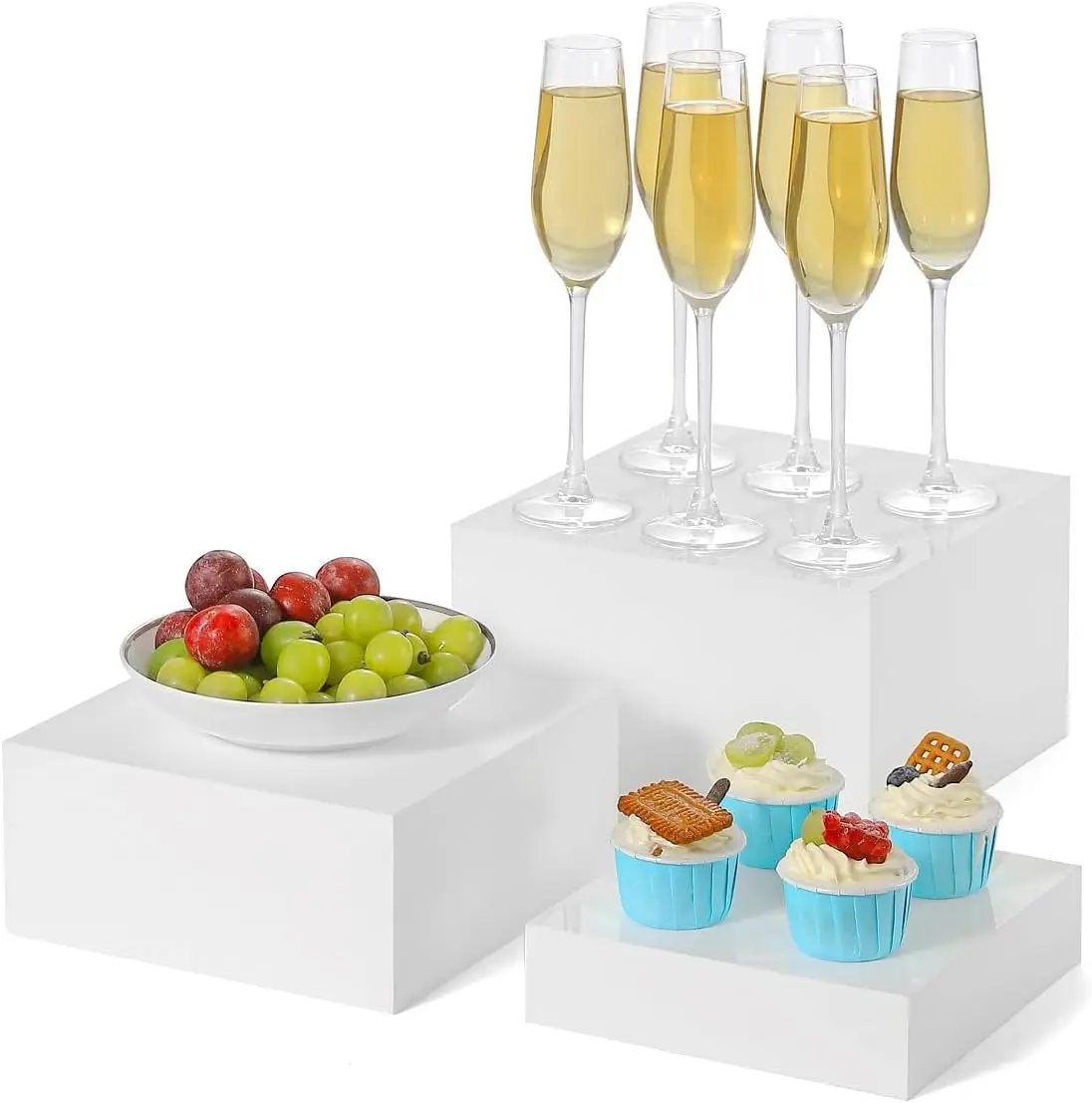 3-Piece Acrylic Cube Riser Hollow Bottom Glossy White Buffet Food Display Stand Face Cupcake Stand Nested Display Box Jewelry