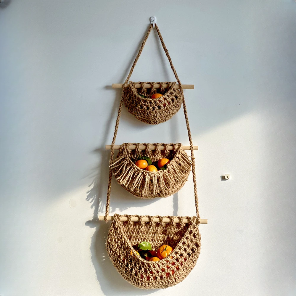 Bohemian Fruit Hanging Pocket Hand-Woven Cotton String Hemp Rope Kitchen Vegetable Wall-Mounted Storage Basket