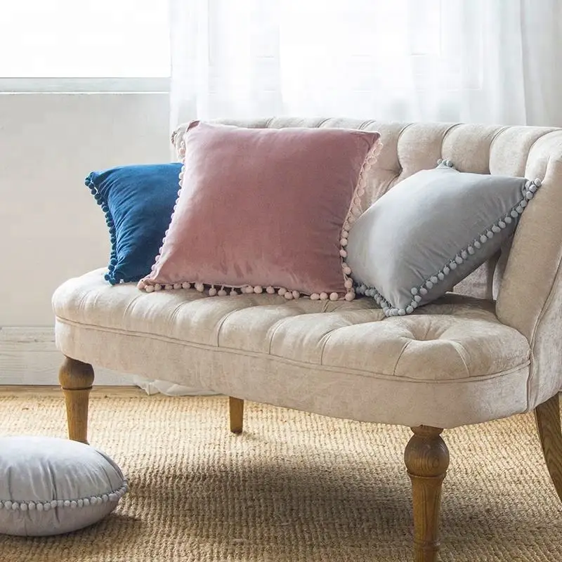 Monad Decorative Solid Plain Velvet Cushion Cover with Cute PomPom Trimming