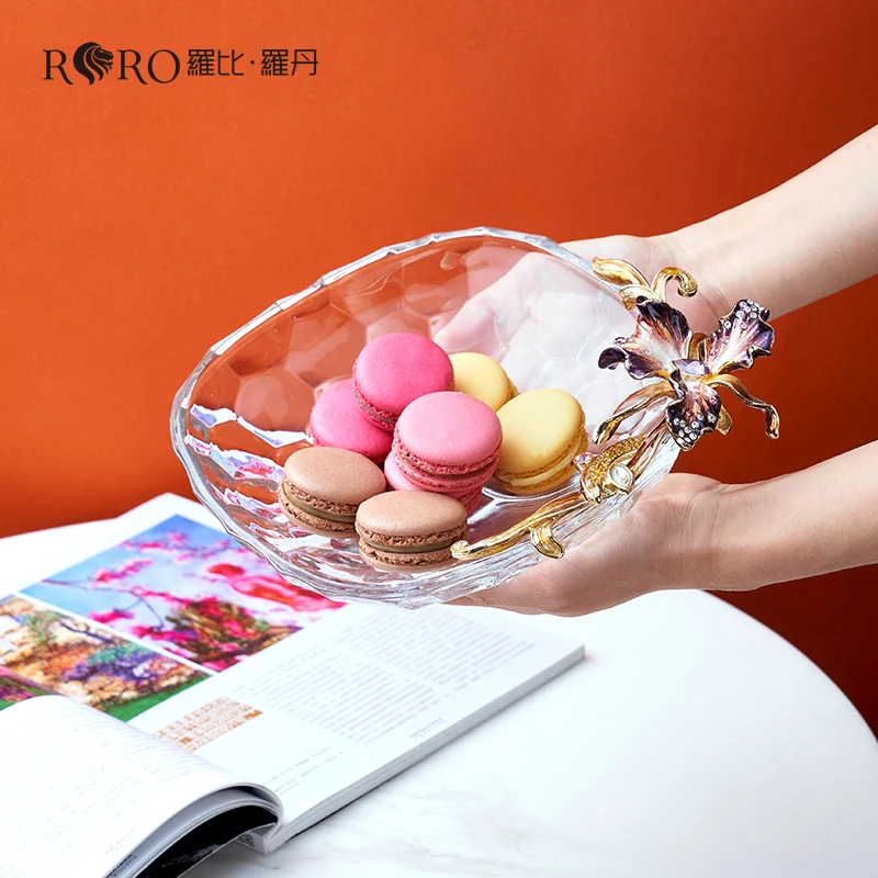 RORO Factory Direct Wholesale Popular Gift Luxury Style Desktop Decoration Transparent Glass Enamel Color Art flower Fruit Tray