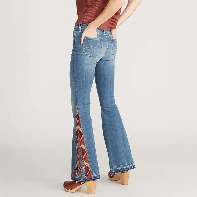 new design high waisted quality denim distressed blue color baggy bellbottom flared   custom women embroidery jeans