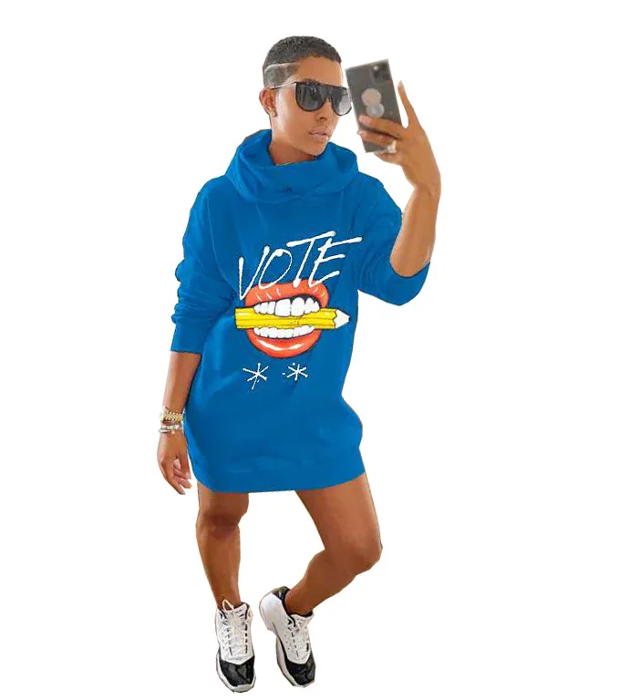 
Fall/winter Style Thick Fleece Hoodies Dress Sweatshirt For Women Casual Lips Print Double Layer Collar Hood Long Sleeve Dress 