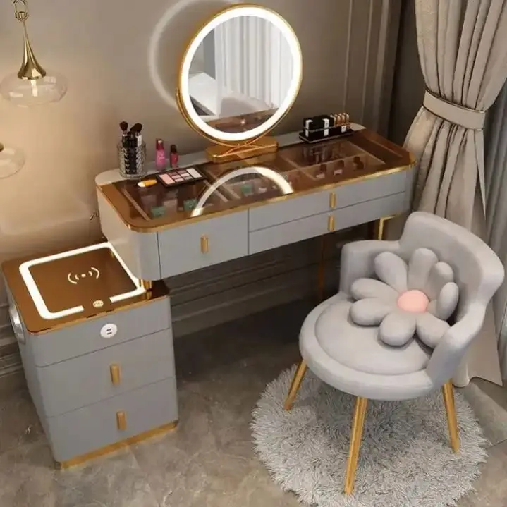 Modern Furniture Vanity Makeup Dresser One Set Design Metal Feet Bedroom Dressing Table With LED Mirror Wireless Charging