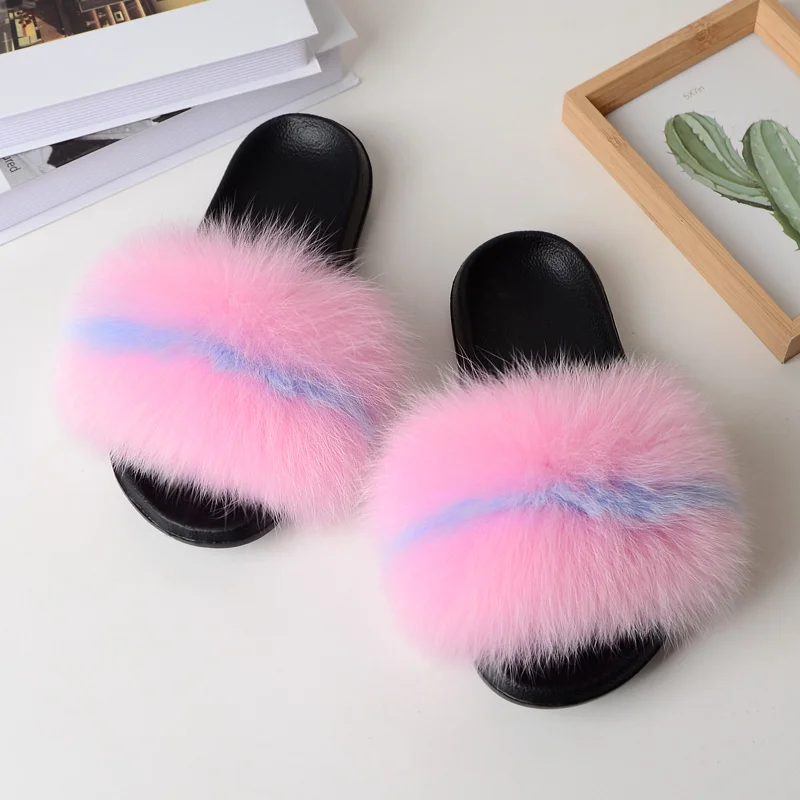 
black and purple blend popular women soft fur 100% fox fur slippers 