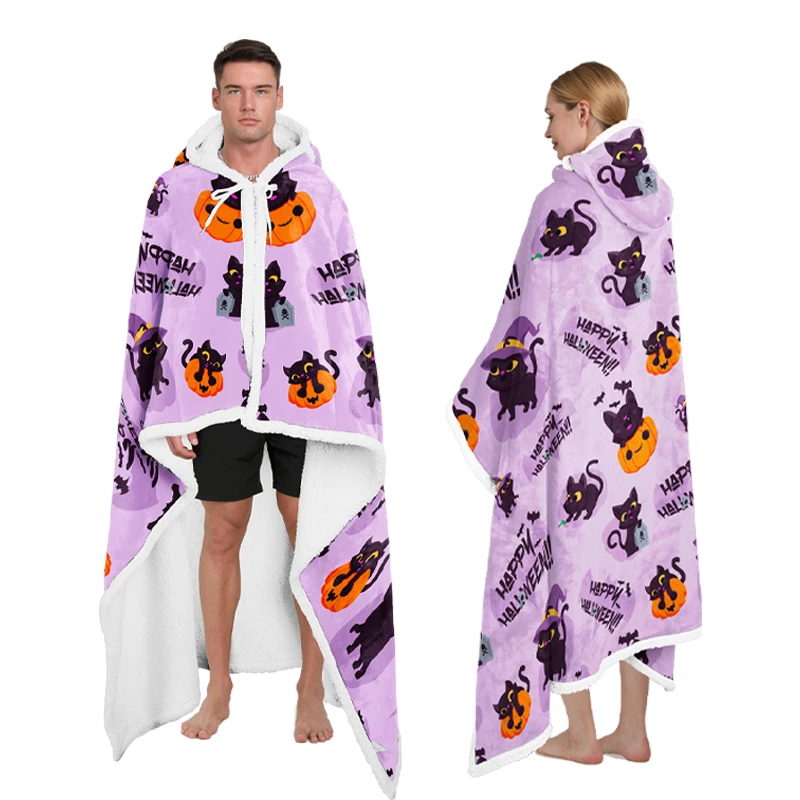 2024 Newest Halloween Design Wearable Poncho Blankets Custom Printed Fleece Wholesale Hoodie Blanket