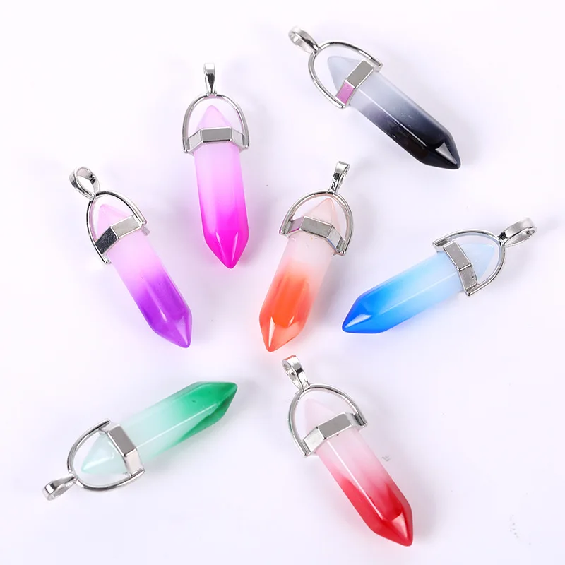 Hot Selling Gradient Hexagonal prism Crystal Pendant Small Fresh Wind Necklace Accessory Lacquer Seven Colored Glass Pendant