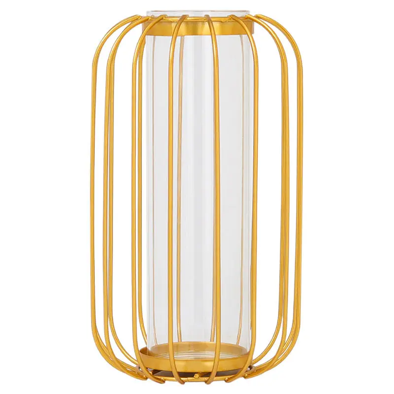 Amazon Hot Sale Metal Lantern Frame Flower Glass Vase Decoration Accessories Luxury Metal Wire Flower Vase