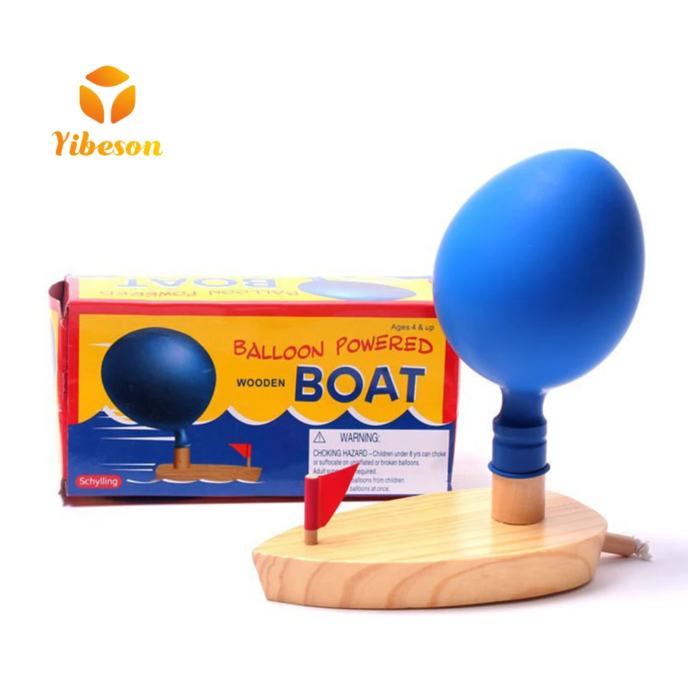Early Educational Gift Funny Bathing Game Rubber Balloon Powered Wooden Bath Toy Boat For Kids