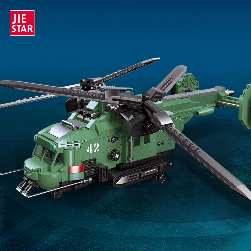 JIESTAR 705 Pcs Kids Diy Educational Military Twin-Rotor Helicopter Model Army Airplane Building Block Set Boys Girls Gift Set