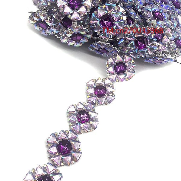 3cm wide Triangle Red AB resin rhinestone bling setting thin crystal sew on rhinestone chain trims for diy carnival garment