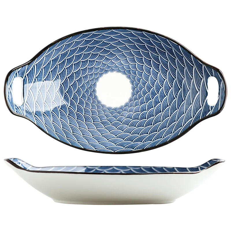 New Japanese style double ear fish plate household steam fish plate oval fish plate