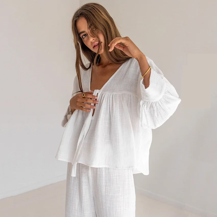 New Double layer Crepe Pajamas Set V-neck French Loose Comfortable Long-sleeved Sleepwear Pure Cotton Home Clothes Set Female
