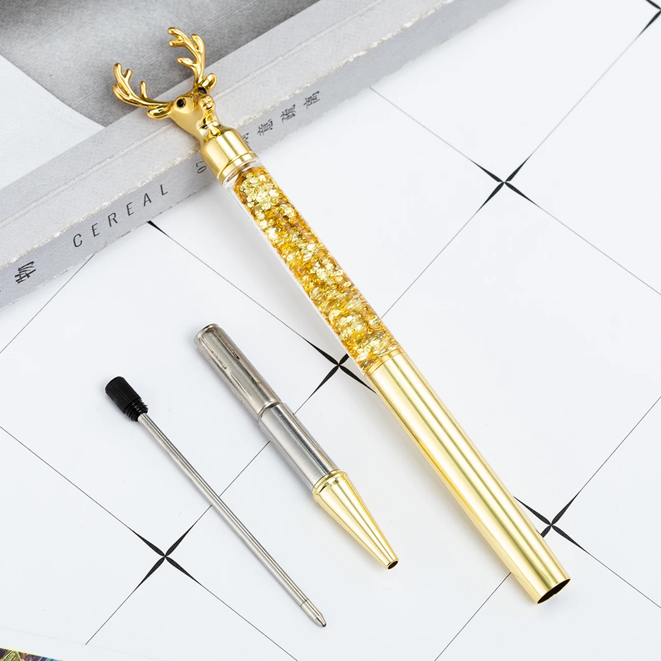 Most popular promotion item christmas theme deer shape liquid floating glitter ball pen