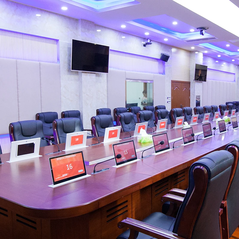 Paperless Motorized Ultra-thin HD pop up screen office room audio video system vertical lcd hidden table monitor with microphone