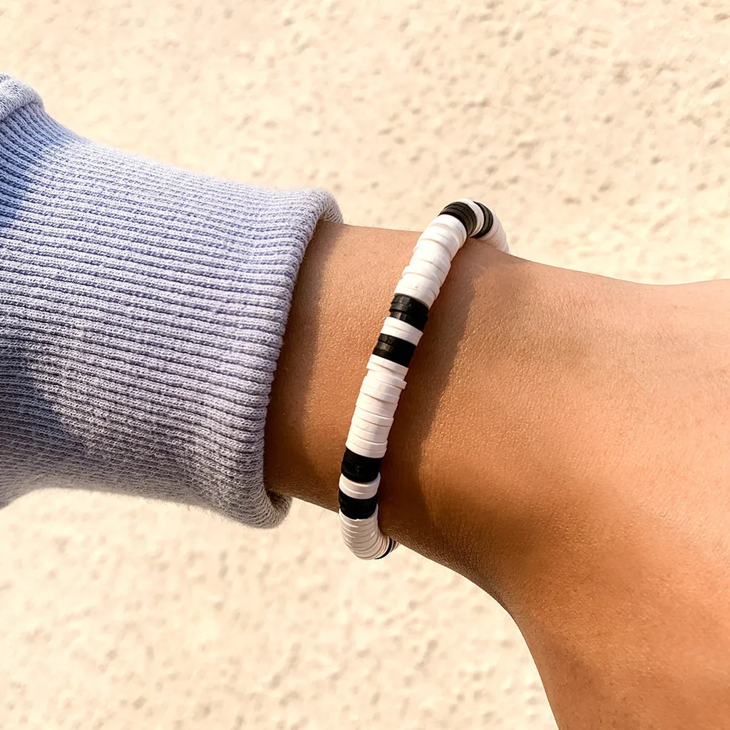 Bohemian Style Minimalist Black White Splicing Soft Ceramic Geometric Bracelets for Men Soft Pottery Jewelry