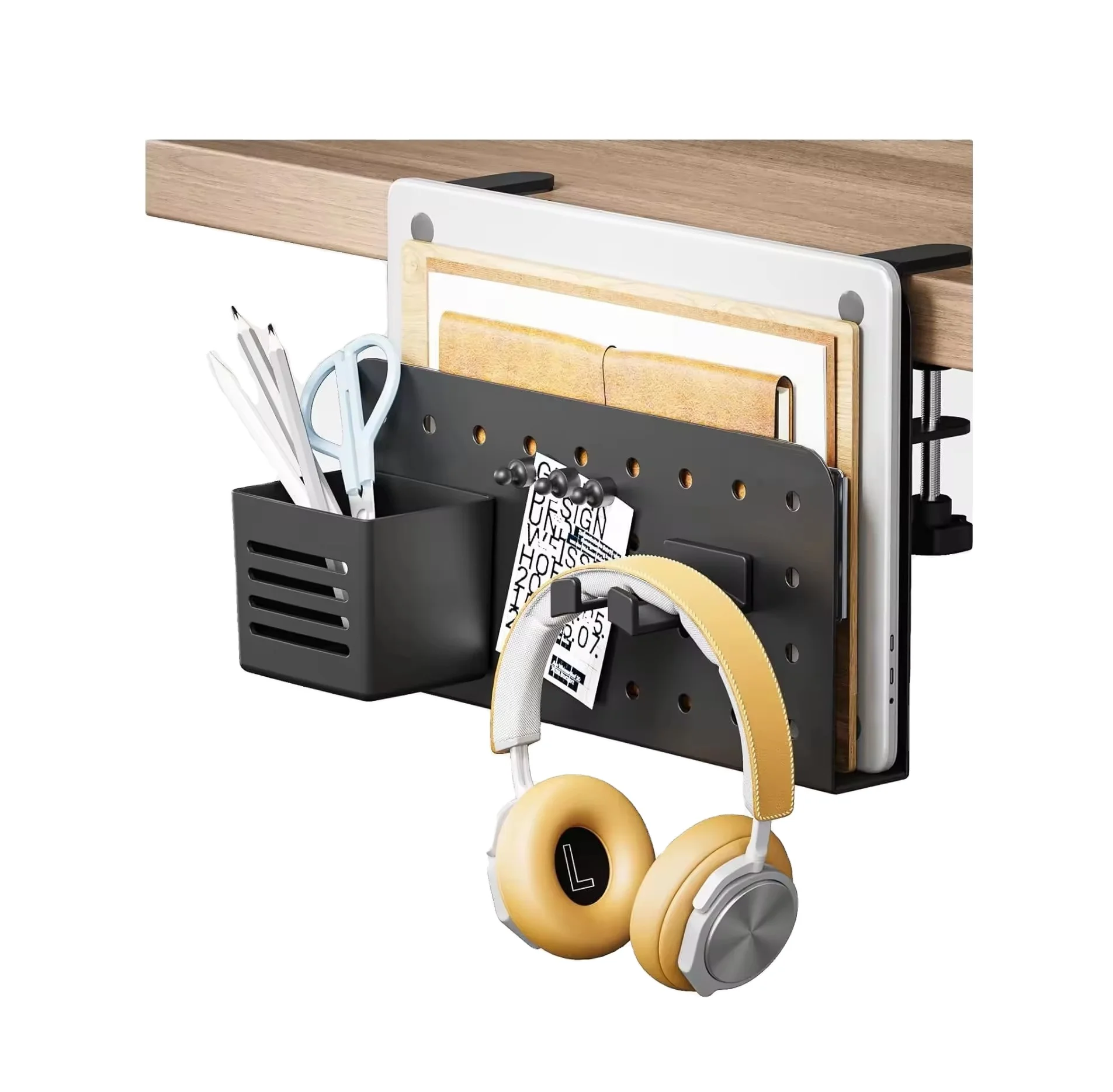 Desk Side Storage Double-Deck, Hanging Desk Organizer with Magnetic Pen Holder,No Drill Under Desk Cable Management Tray