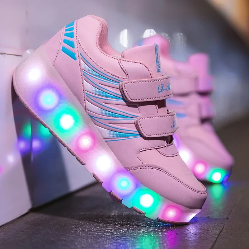 Children Show Gift 7 Colors Led Rechargeable Kids Roller Skate Shoes With Single or Two Wheels Walking Sneaker