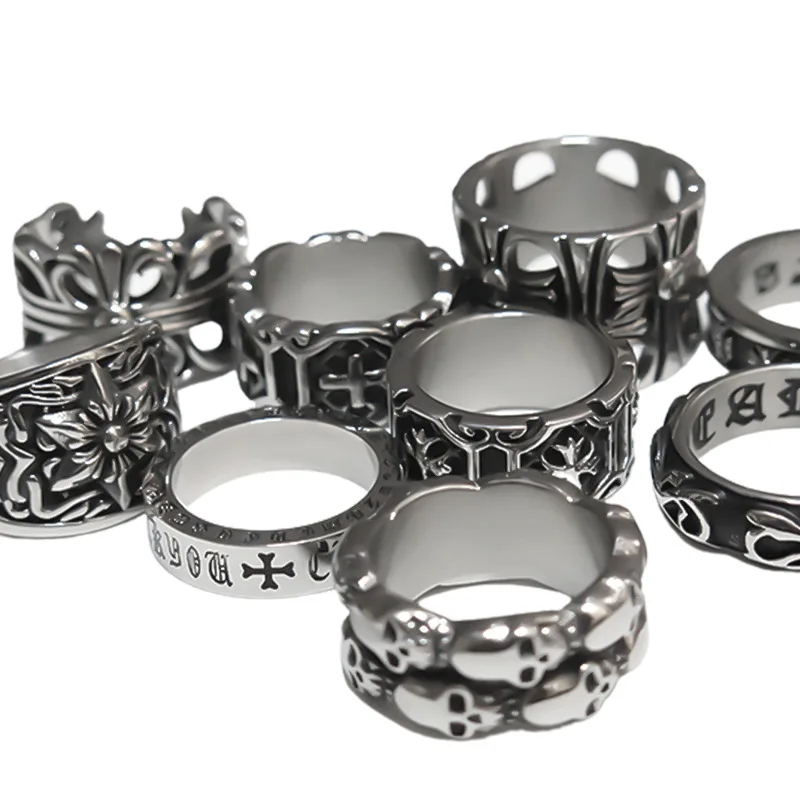 Wholesale Low Price Retro Hip Hop Punk Style Titanium Steel Charm Rings Personality Collection Heart Cross Skull Rings For Men