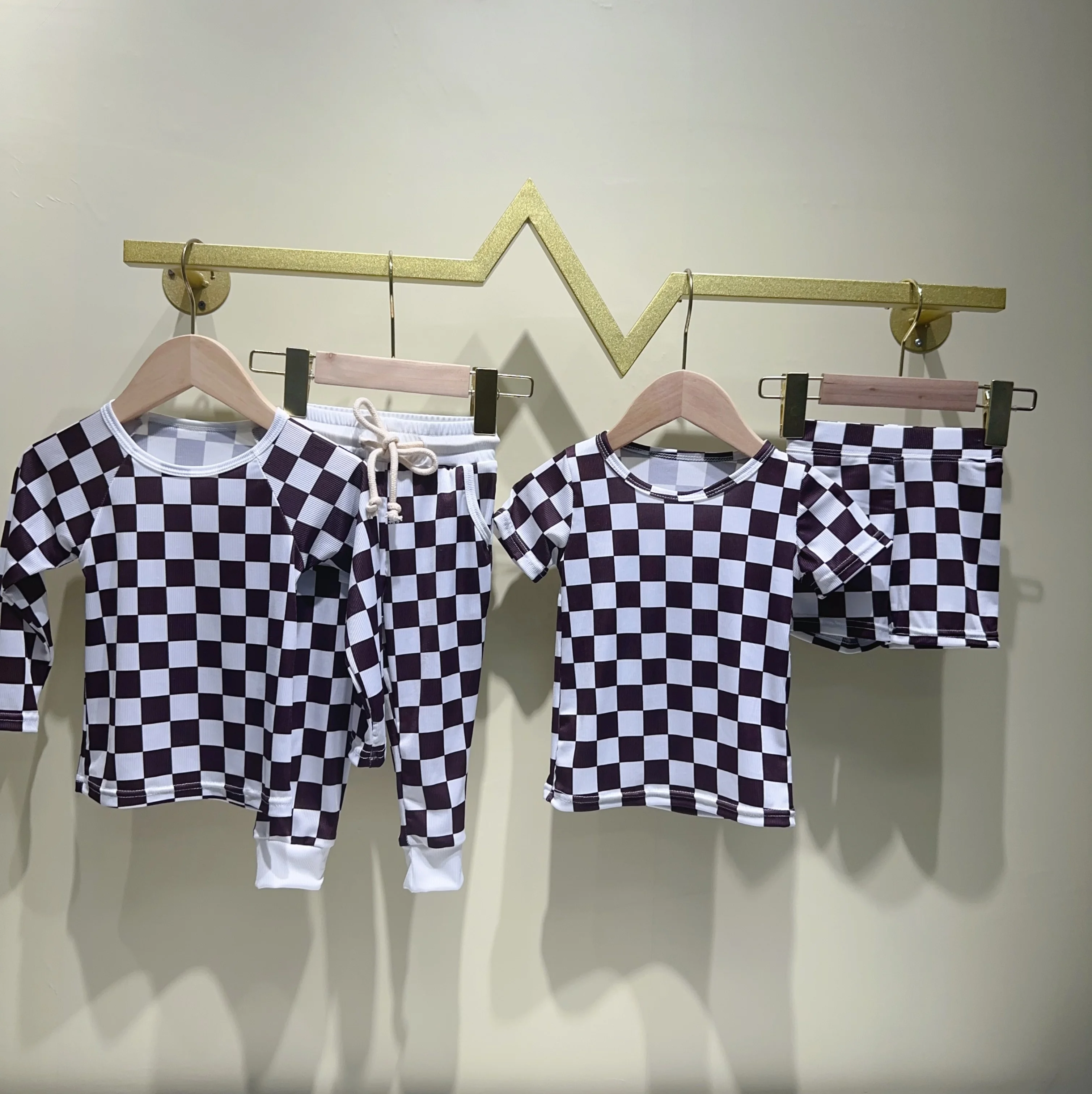 High Quality Black Plaid Bamboo Ribbed Knit Set Baby Toddler Girls Casual Kids Long Sleeve Pajamas Suit Wholesale