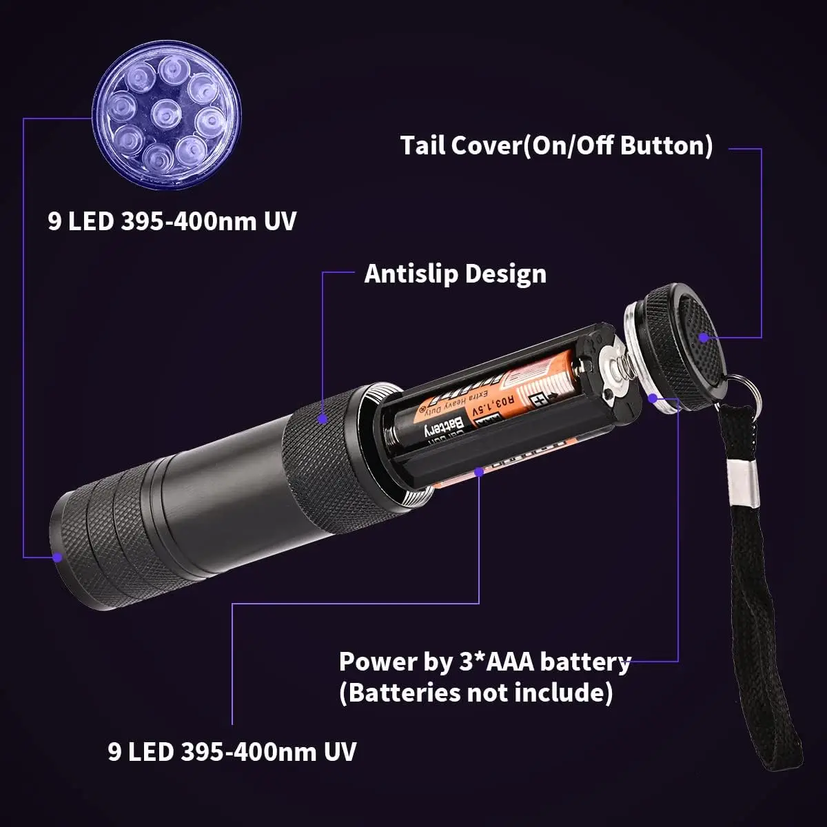 AAA Battery Cheap Promotion 395nm 9 LED UV Flashlight Portable Mini Torch Blacklight UV Lamp Ultra Violet Pet Urine Detection