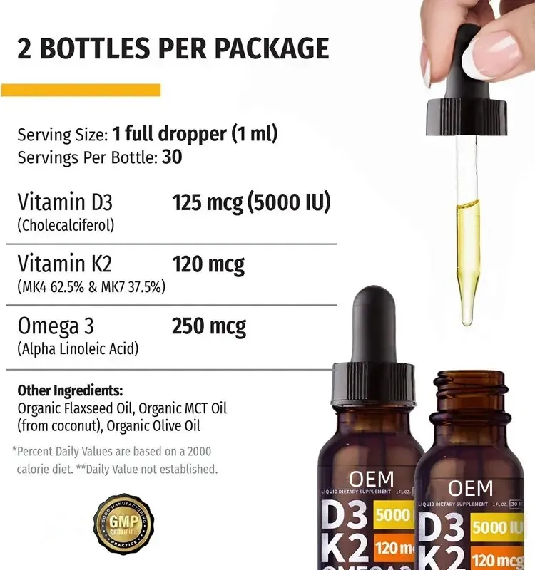 Organic Vitamin D3 K2 Drops w MCT Oil Omega 3, 5000 IU, Maximum Strength Vitamin D Liquid 5000 IU,  Vitamin D3 K2 Drops