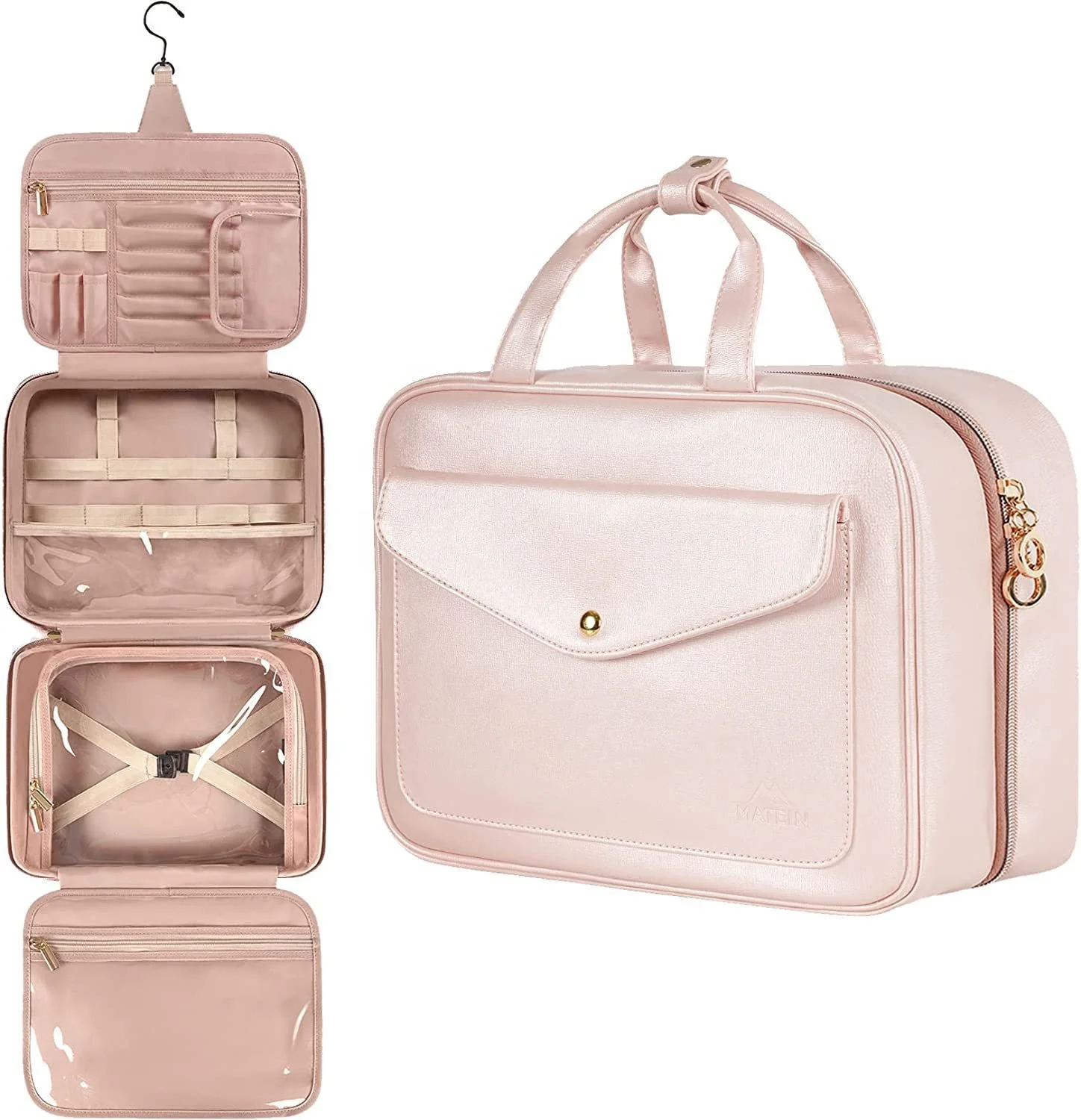 Portable Water-Resistant Hanging Travel Toiletry Bag for Women Large Capacity PU leather Cosmetic Bags Custom Makeup Wash Bag