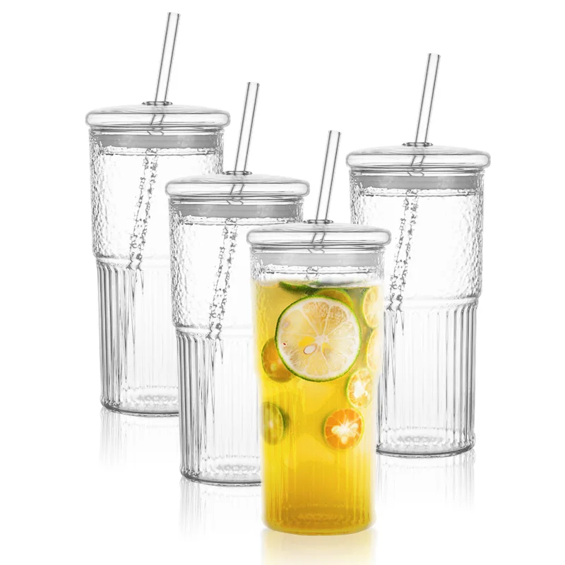 20 OZ High Borosilicate Glass Tumbler Iced Coffee Water Smoothie Bar Glassware Mug Clear Glass Cups With Lids and Glass Straws