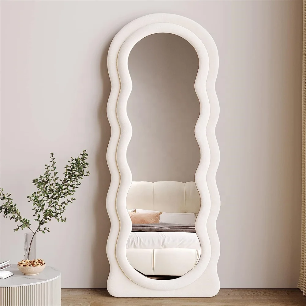 Factory modern living room simple decor floor standing large irregular fabric framed full length body wavy wall mirror espejos