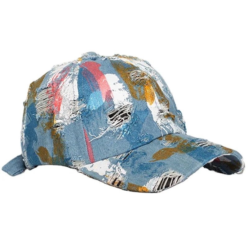 Tie Dye Blue Color Washed Distressed Cap Cotton Denim Ponytail Hat Adjustable Baseball Cap