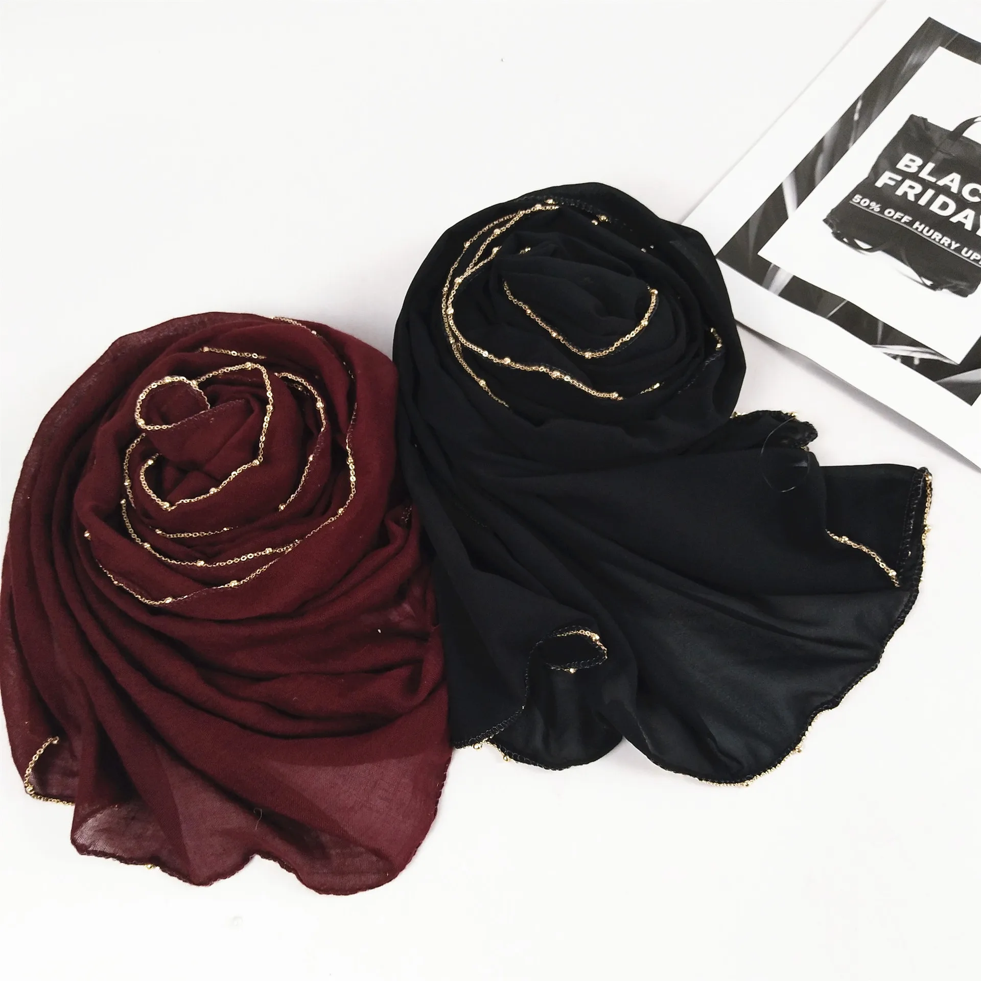 Popular Bling Gold Ball Chain Soft Cotton Hijab Muslim Hijab Shawl Turban Arab Girls chiffon Hijabs