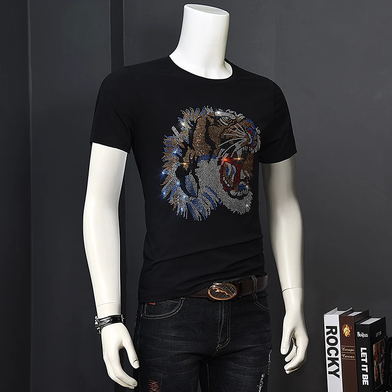 Custom 100% cotton slim fit graphic designer t shirts streetwear rhinestone t shirts for men luxury