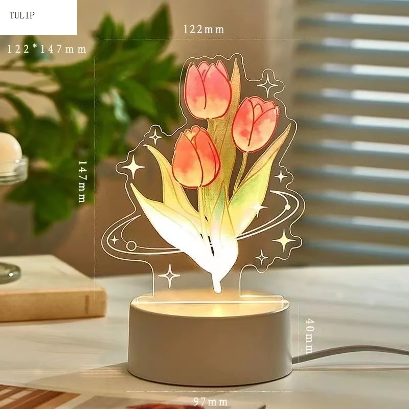 Top Seller 3D Acrylic Rose Tulip Lily of Valley Flower Decorative Table Night Light For Christmas Wedding Holiday Party Gift