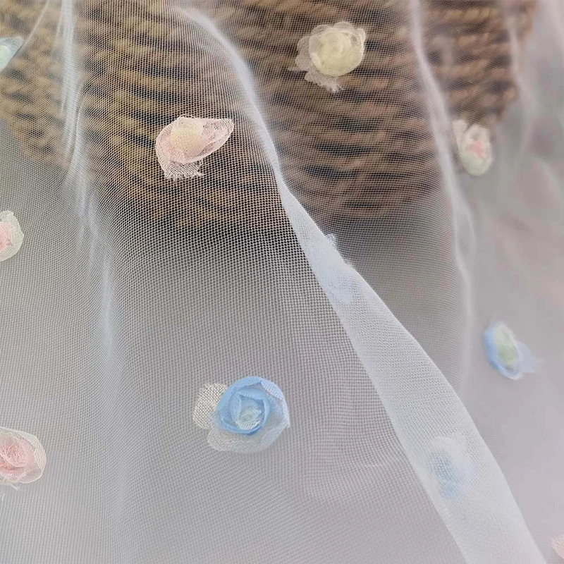 In stock white 3d flower lace fabric tulle mesh floral embroidery women girls dress decoration 3d flower lace fabric